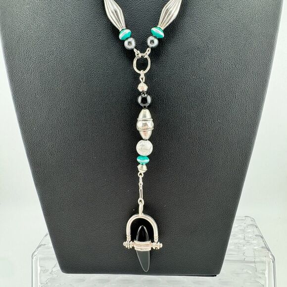 Turquoise Howlite Obsidian Silver Vintage Necklace Retro 80s Handmade Artisan - Picture 5 of 11